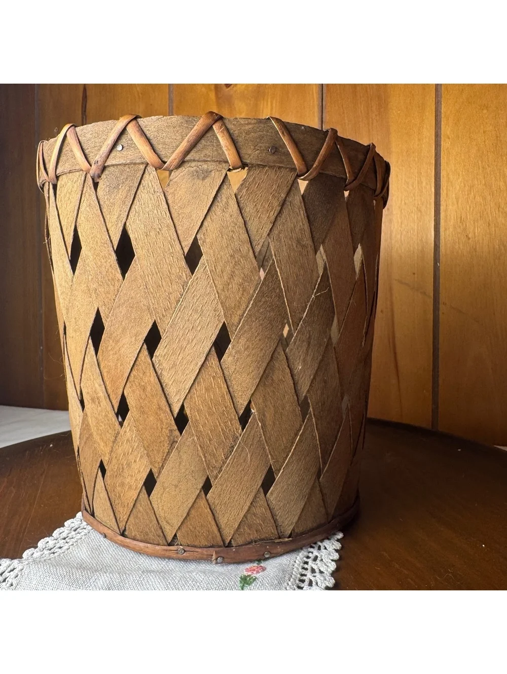 Vintage Woven Wood Basket Made in Philippines 7x7 Rustic Farmhouse Decor